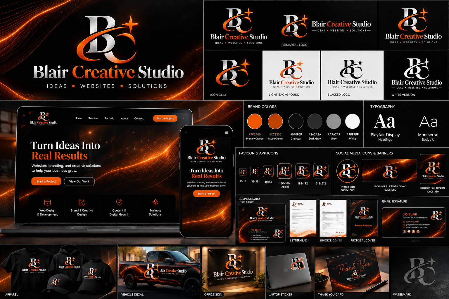 Approved identity board: logo, BC icon, palette, typography, website, business card, social graphics, merchandise and signage