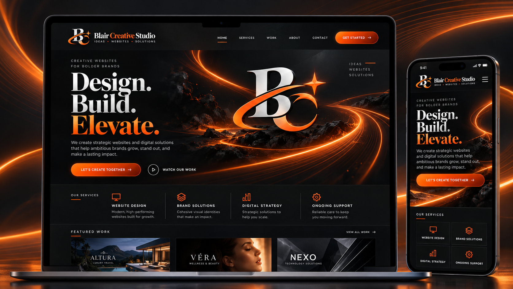 Supplied Blair Creative Studio laptop and mobile visual concept with dimensional orange light trails